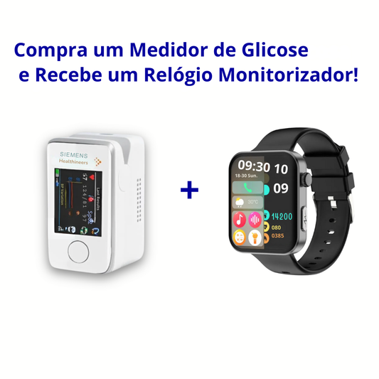 KIT PROMOCIONAL: Medidor de Glicose no Sangue + Relógio Inteligente PulseMax com Medidor de Glicose, Frequência Cardíaca, Funções Telefónicas...